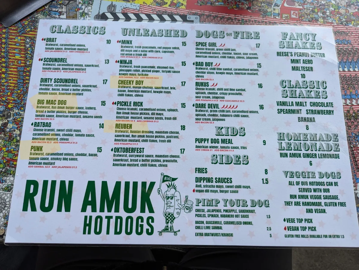 Menu, Run Amuk Hotdogs