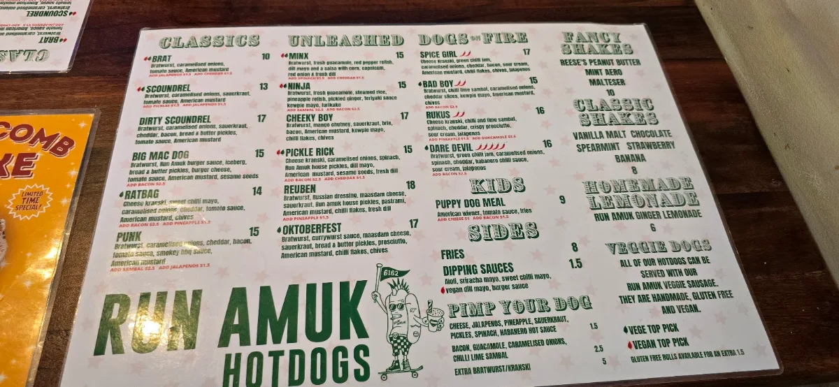 Menu, Run Amuk Hotdogs