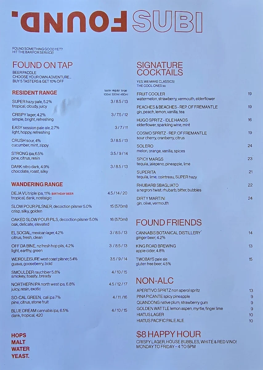 Menu, FOUND. Subiaco
