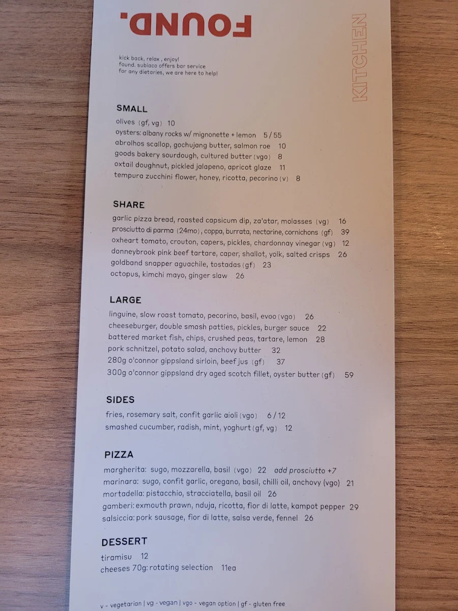 Menu, FOUND. Subiaco