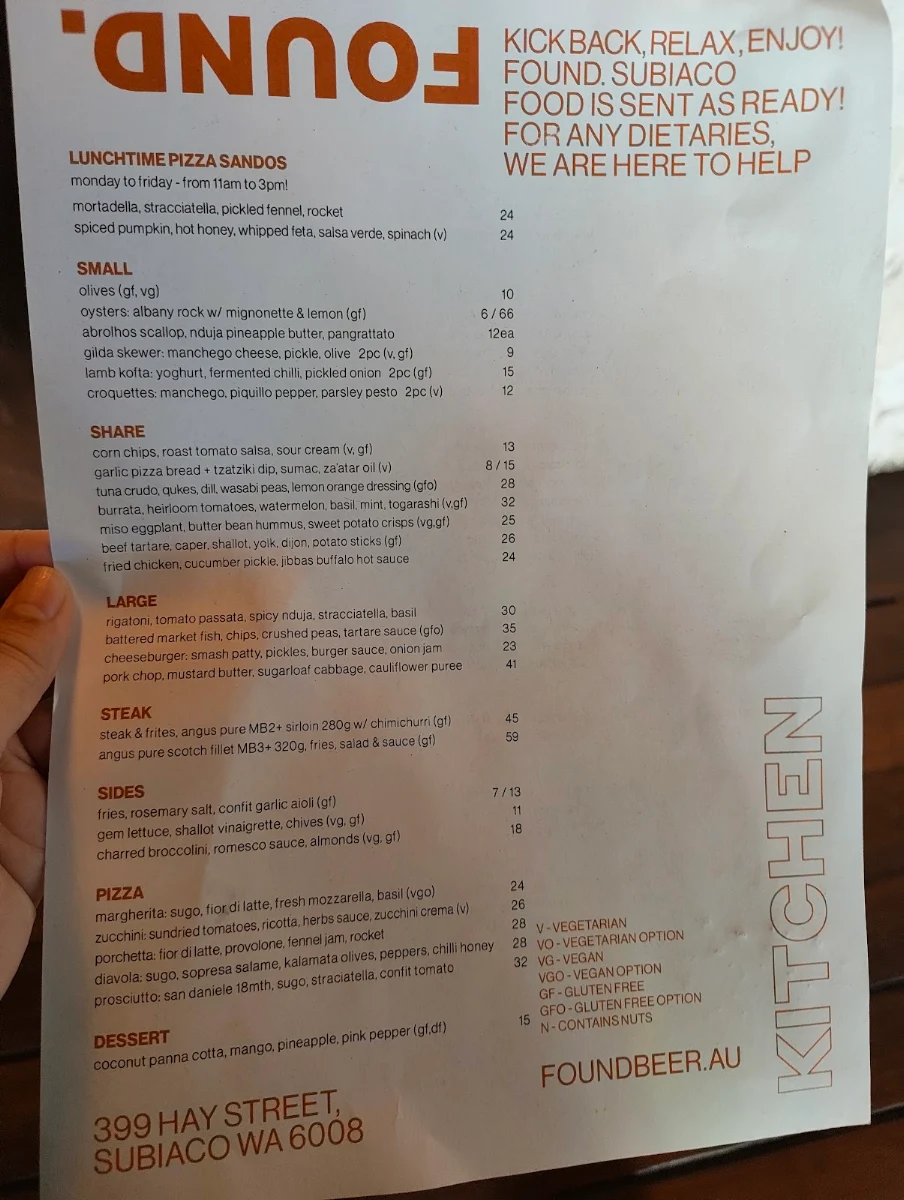 Menu, FOUND. Subiaco
