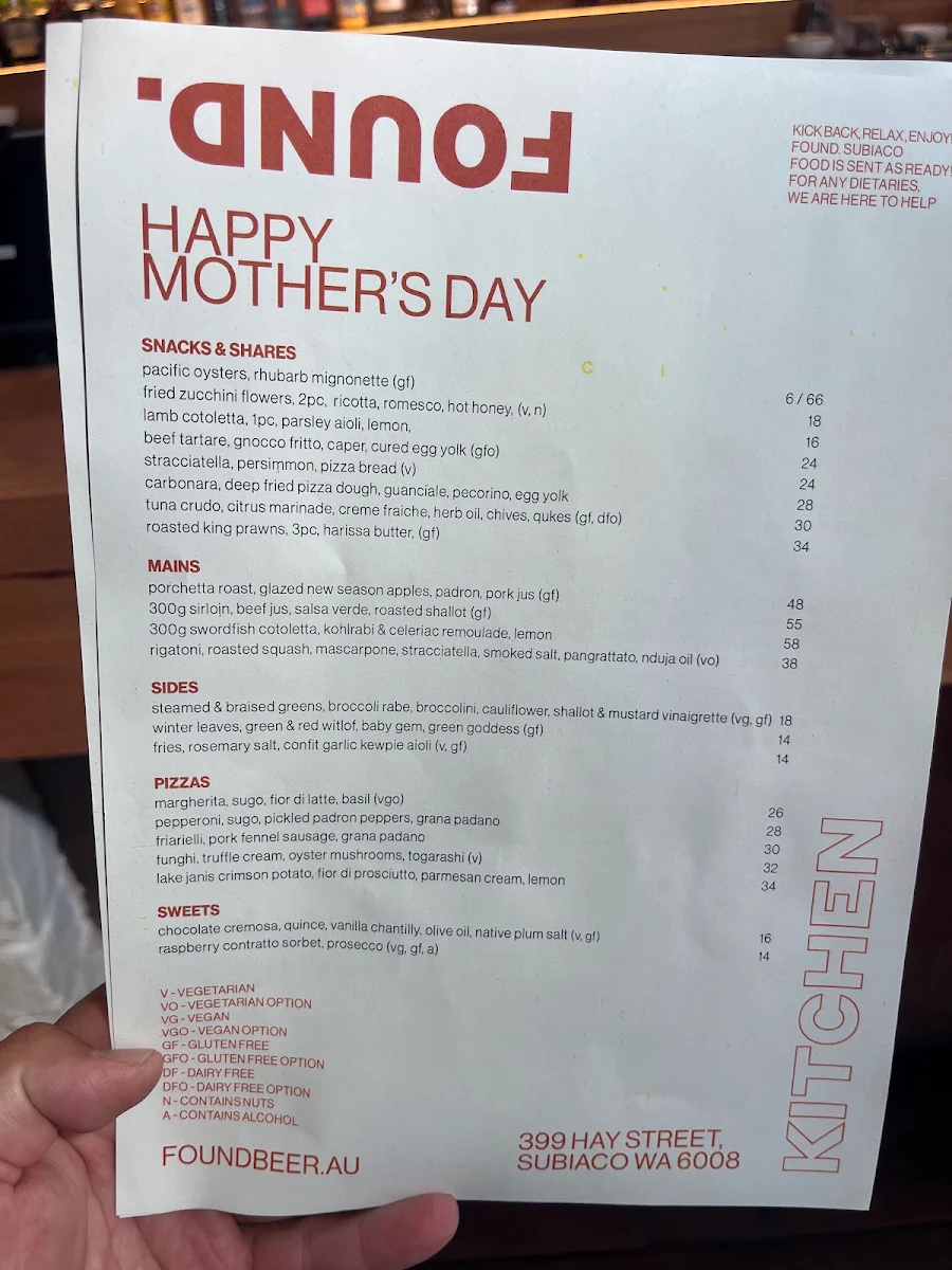 Menu, FOUND. Subiaco