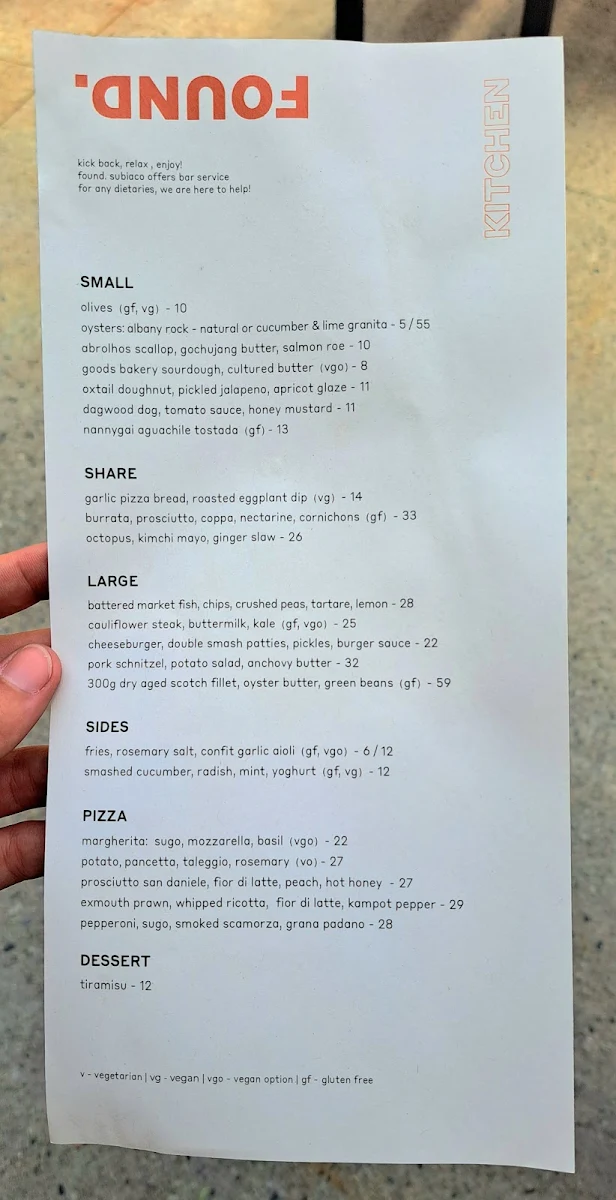 Menu, FOUND. Subiaco