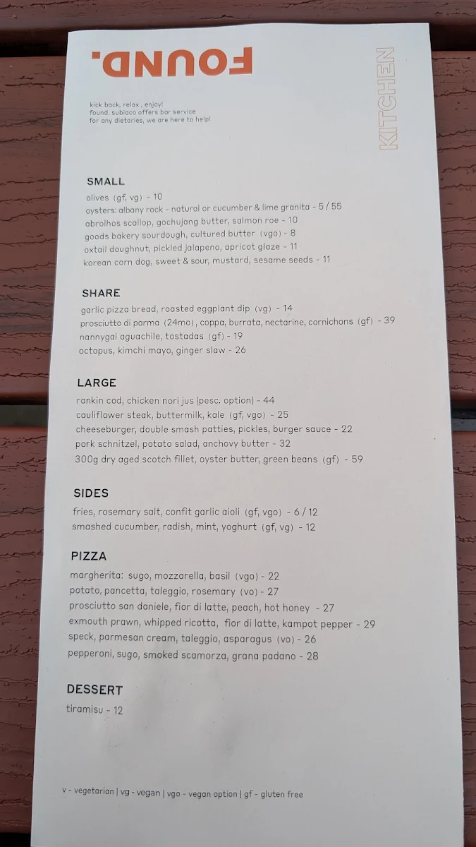 Menu, FOUND. Subiaco