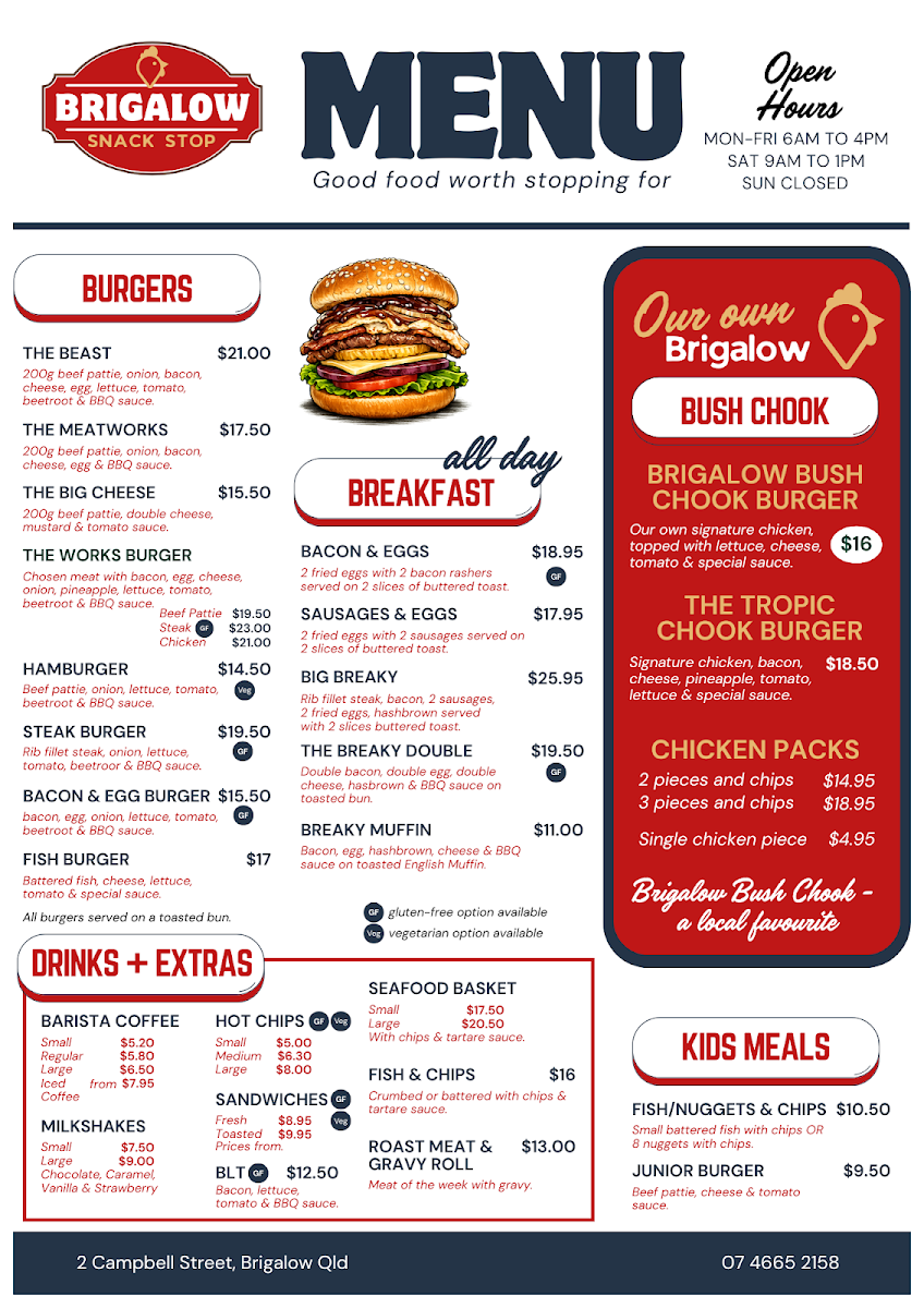 Menu, Brigalow Snack Stop