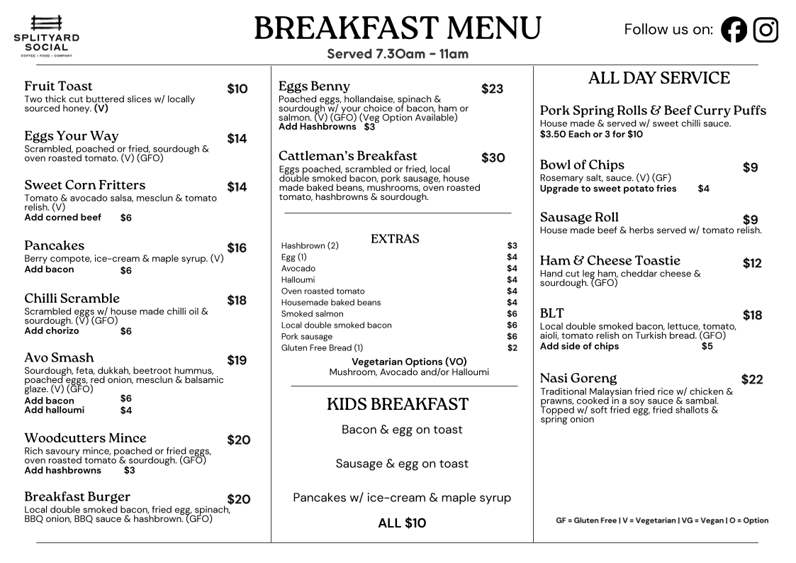 Menu, Splityard Social