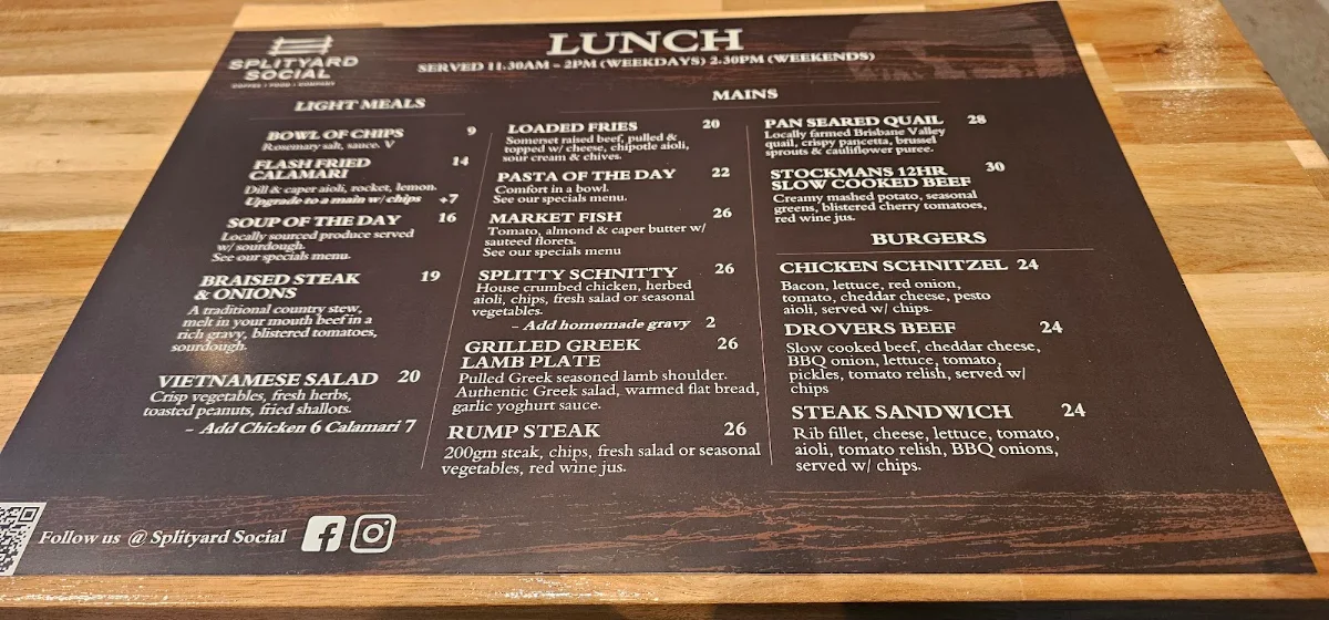 Menu, Splityard Social