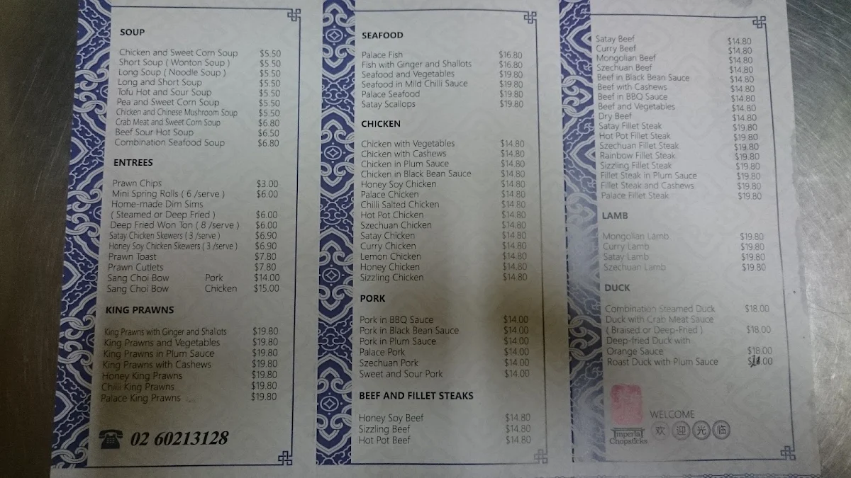Menu, Imperial Chopsticks