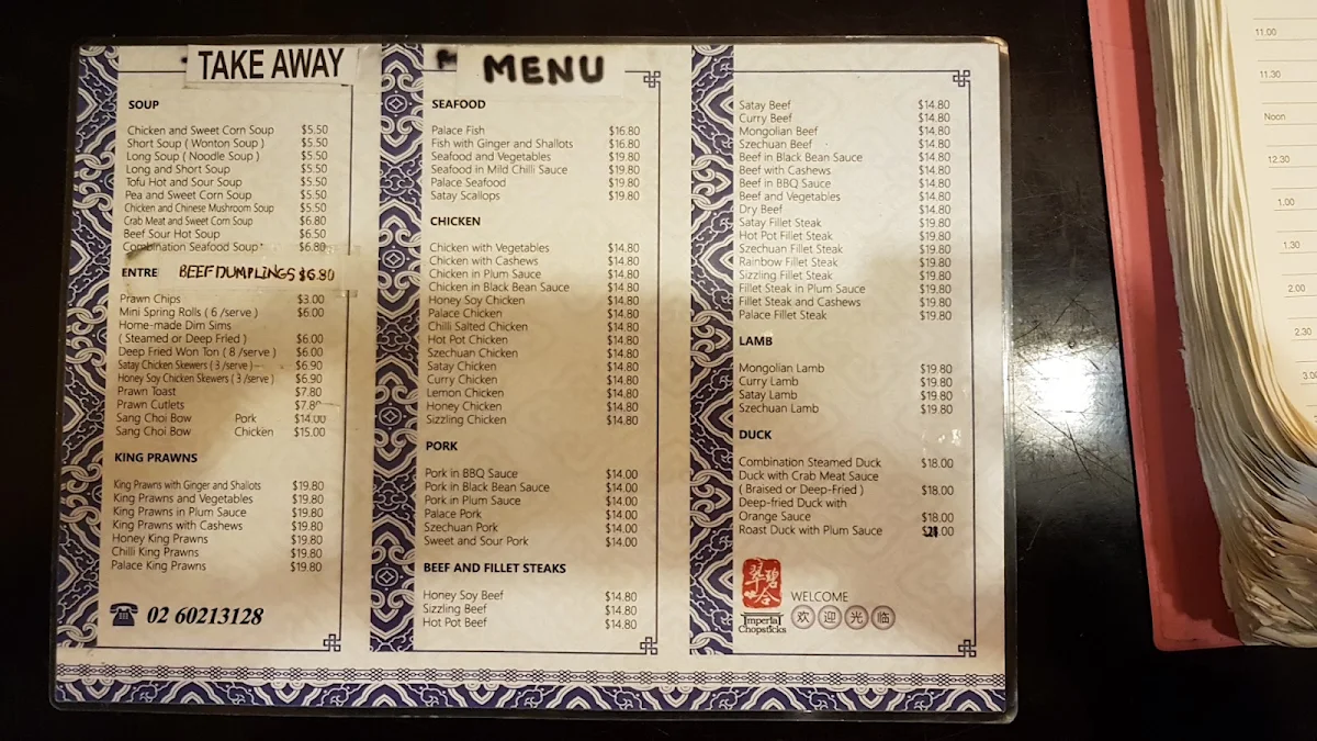 Menu, Imperial Chopsticks