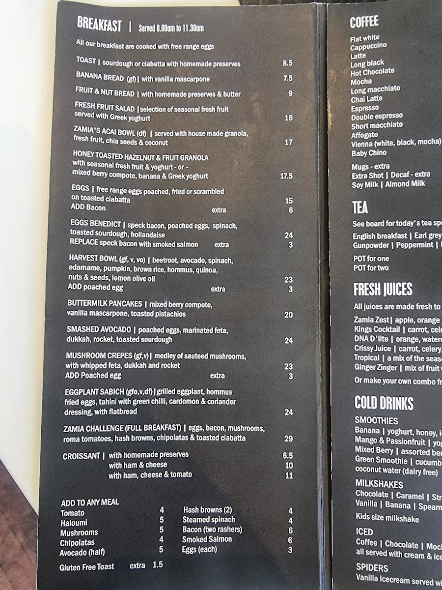 Menu, Zamia Cafe