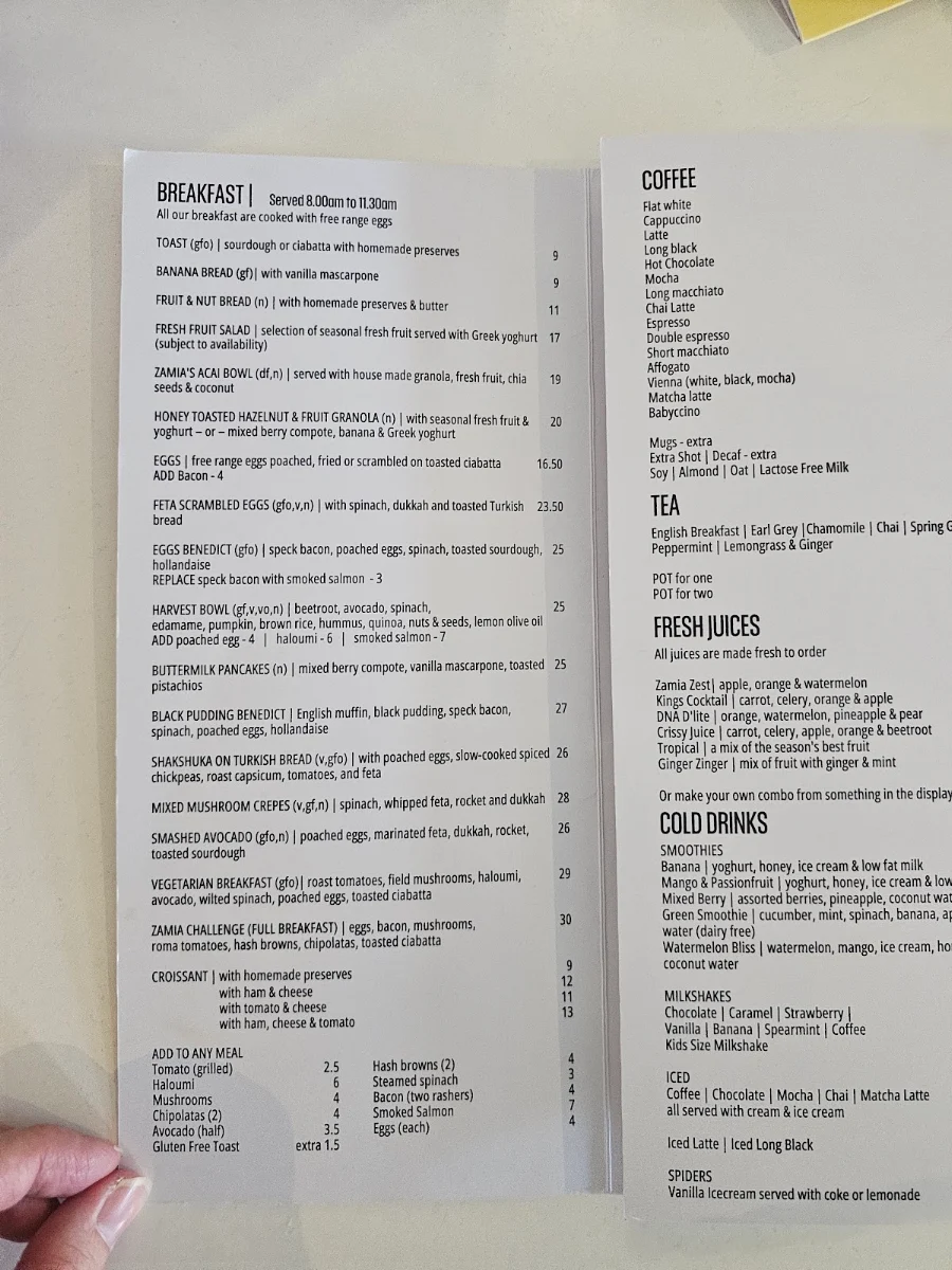 Menu, Zamia Cafe