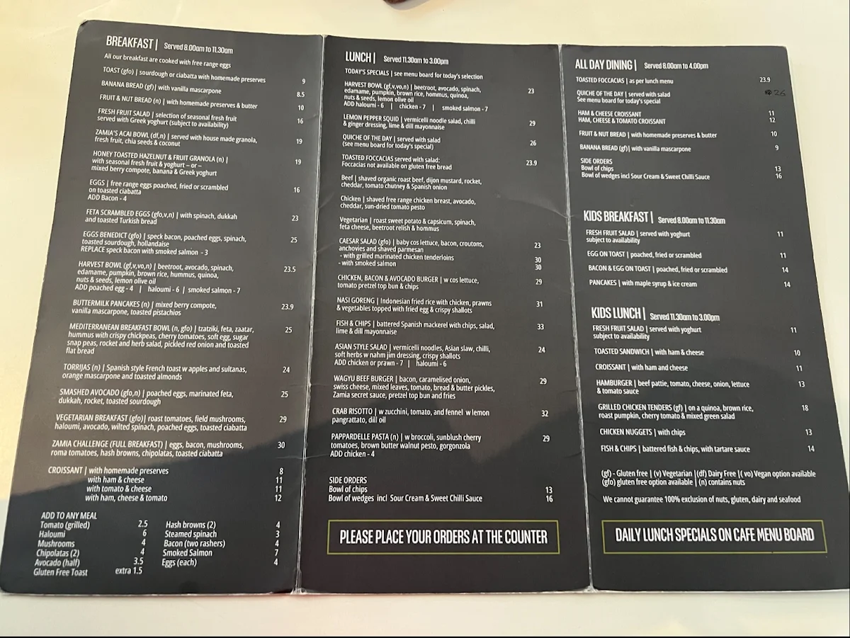 Menu, Zamia Cafe