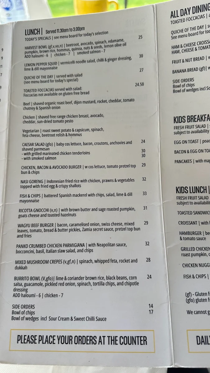 Menu, Zamia Cafe