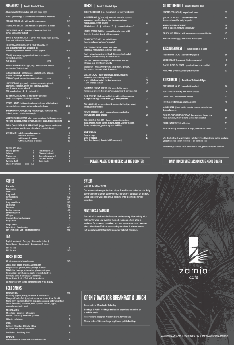 Menu, Zamia Cafe