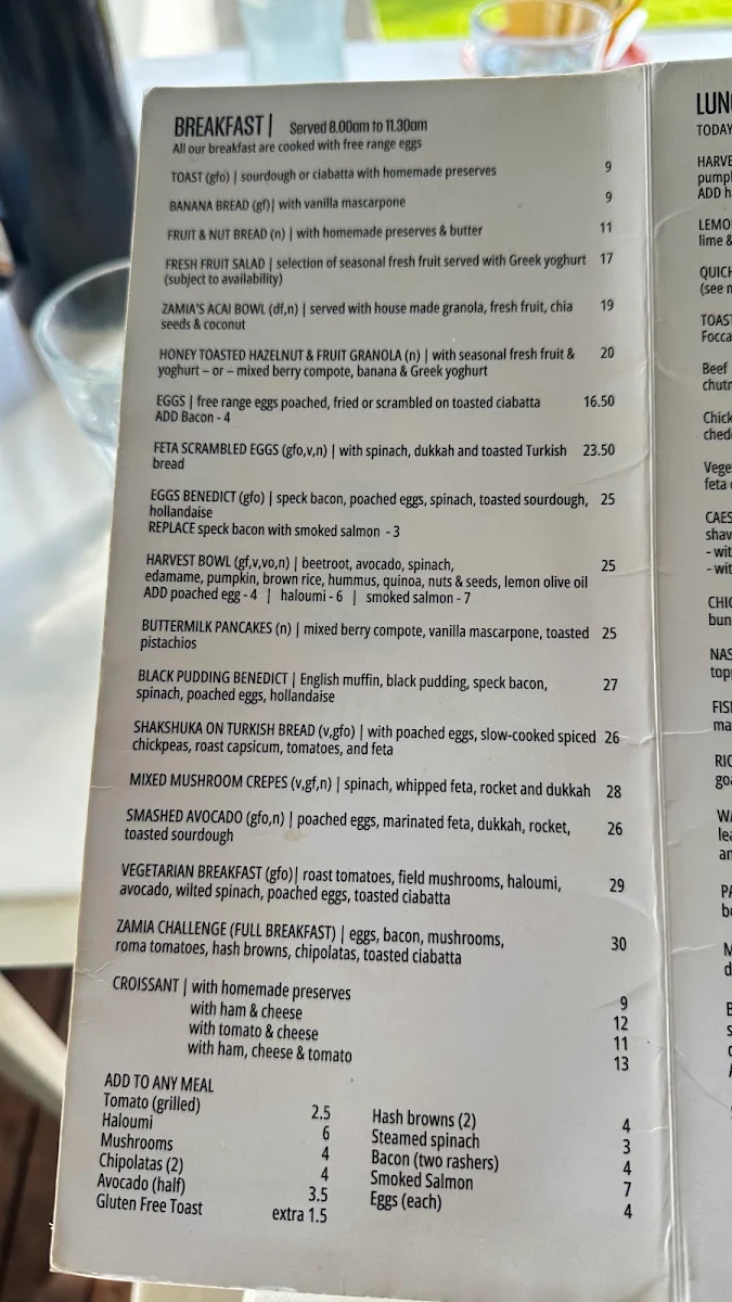 Menu, Zamia Cafe