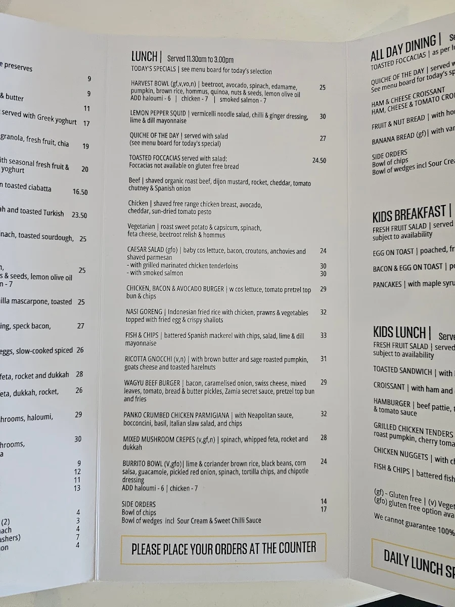 Menu, Zamia Cafe