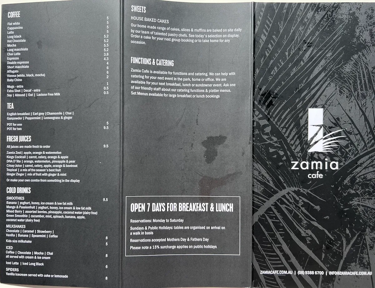Menu, Zamia Cafe