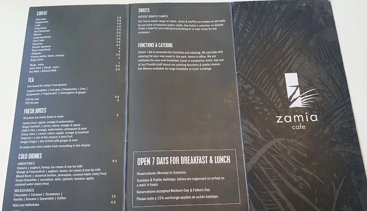 Menu, Zamia Cafe