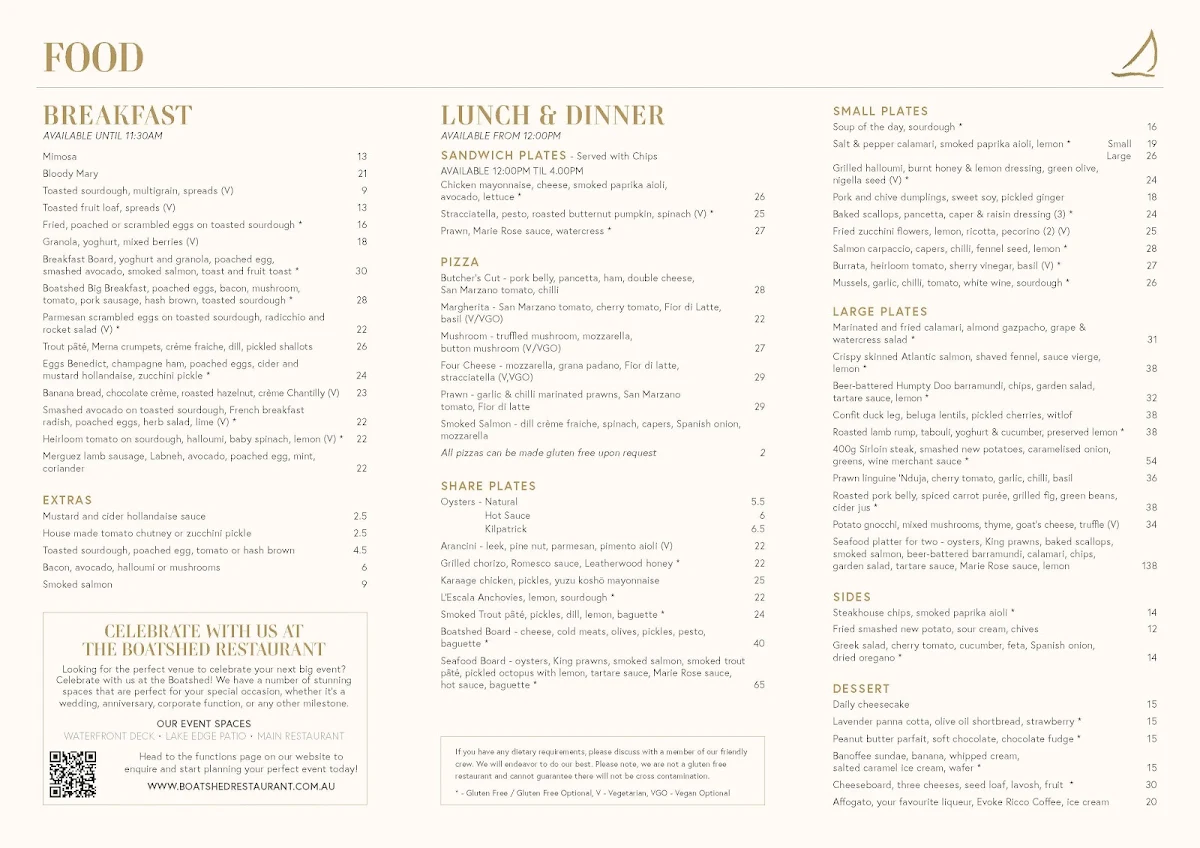 Menu, Boatshed Restaurant
