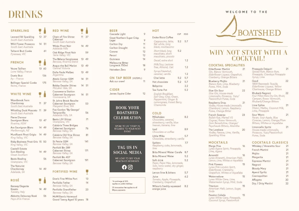 Menu, Boatshed Restaurant