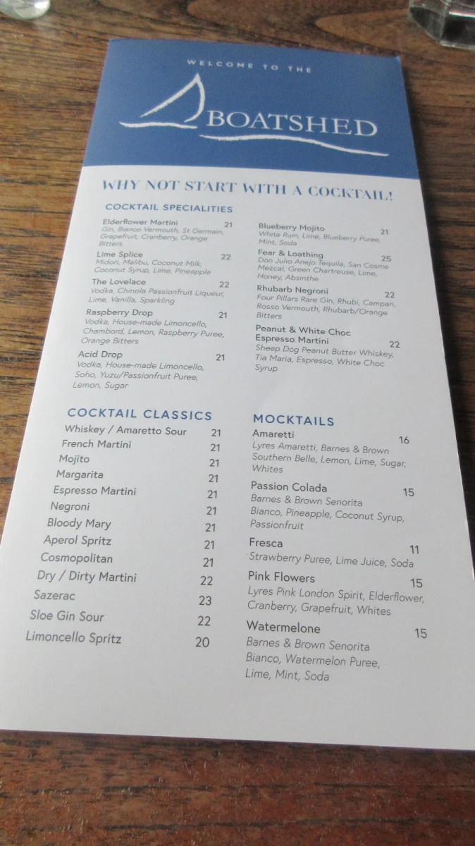 Menu, Boatshed Restaurant