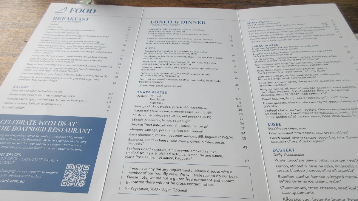 Menu, Boatshed Restaurant