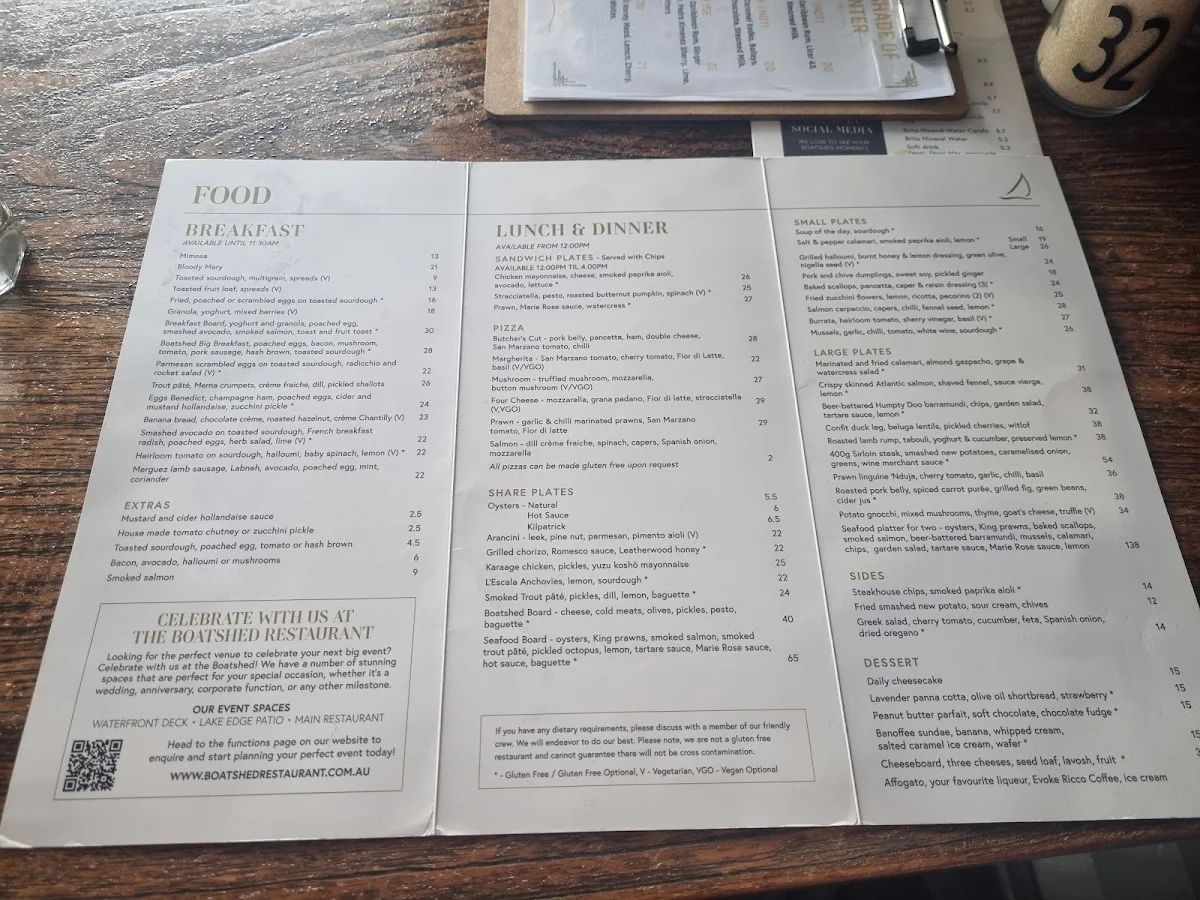 Menu, Boatshed Restaurant