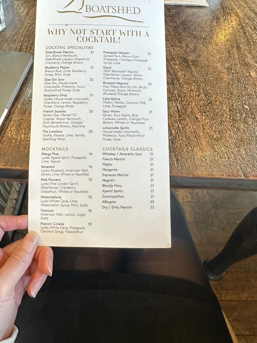 Menu, Boatshed Restaurant