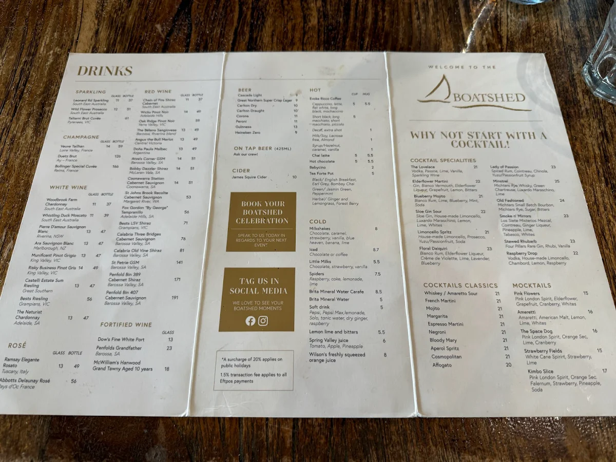 Menu, Boatshed Restaurant