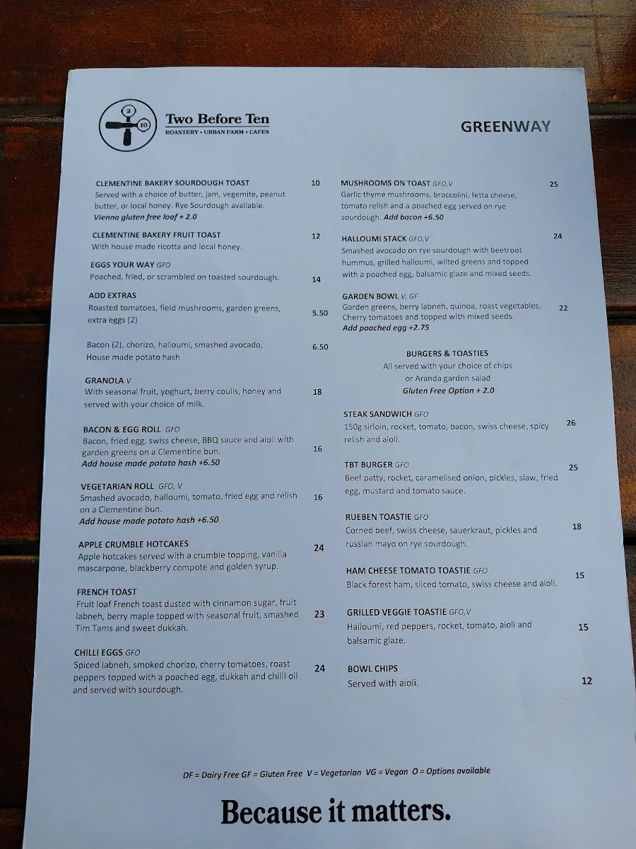 Menu, Two Before Ten Greenway