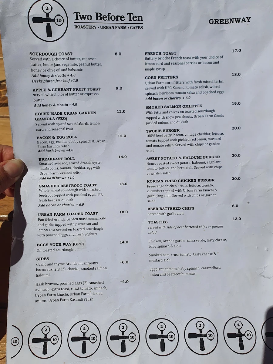 Menu, Two Before Ten Greenway