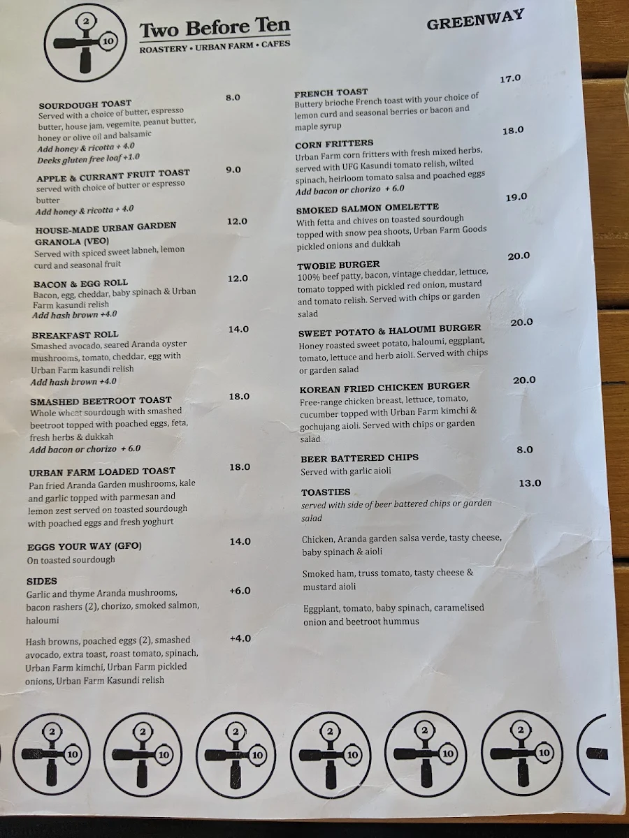 Menu, Two Before Ten Greenway