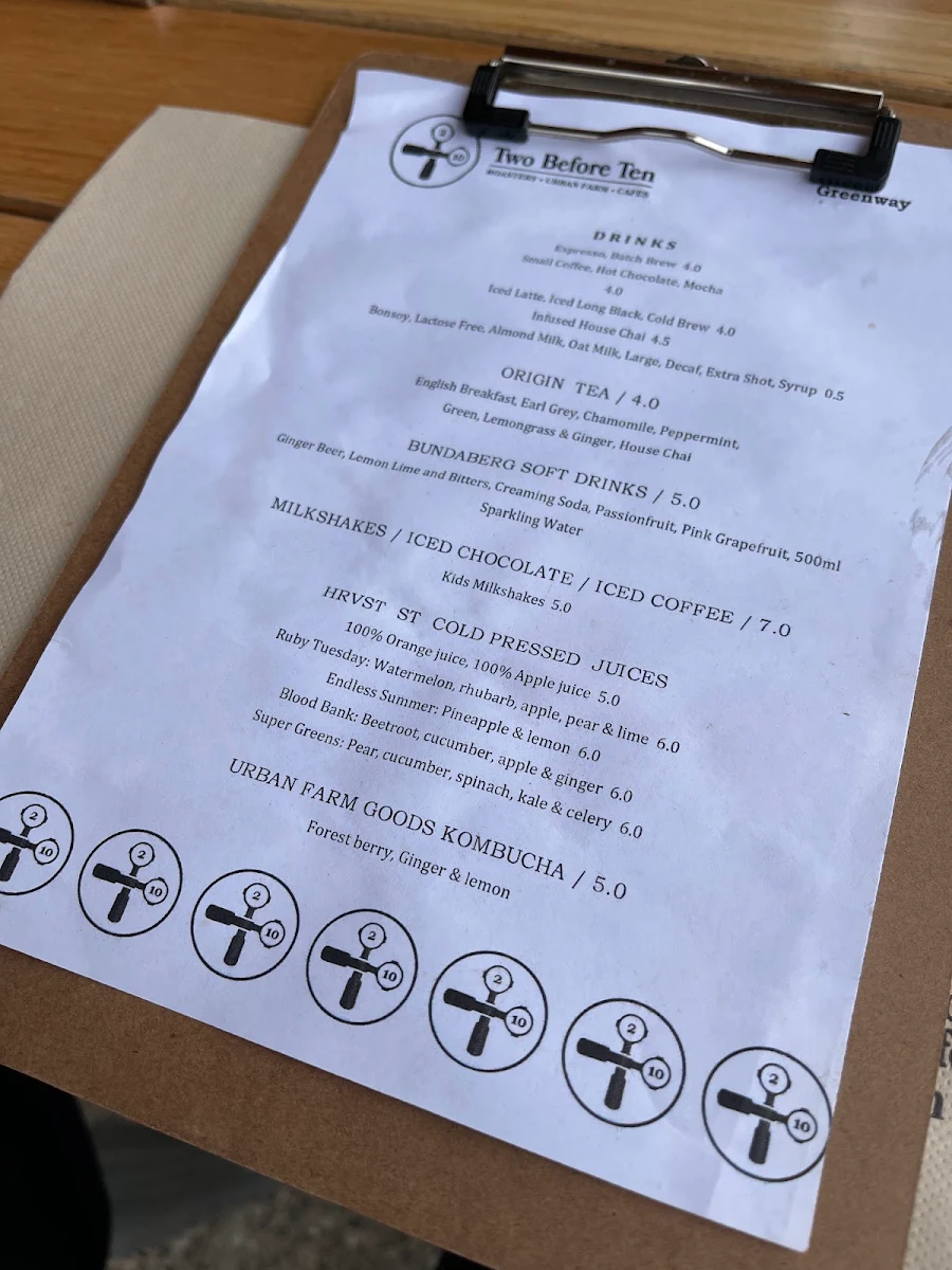 Menu, Two Before Ten Greenway