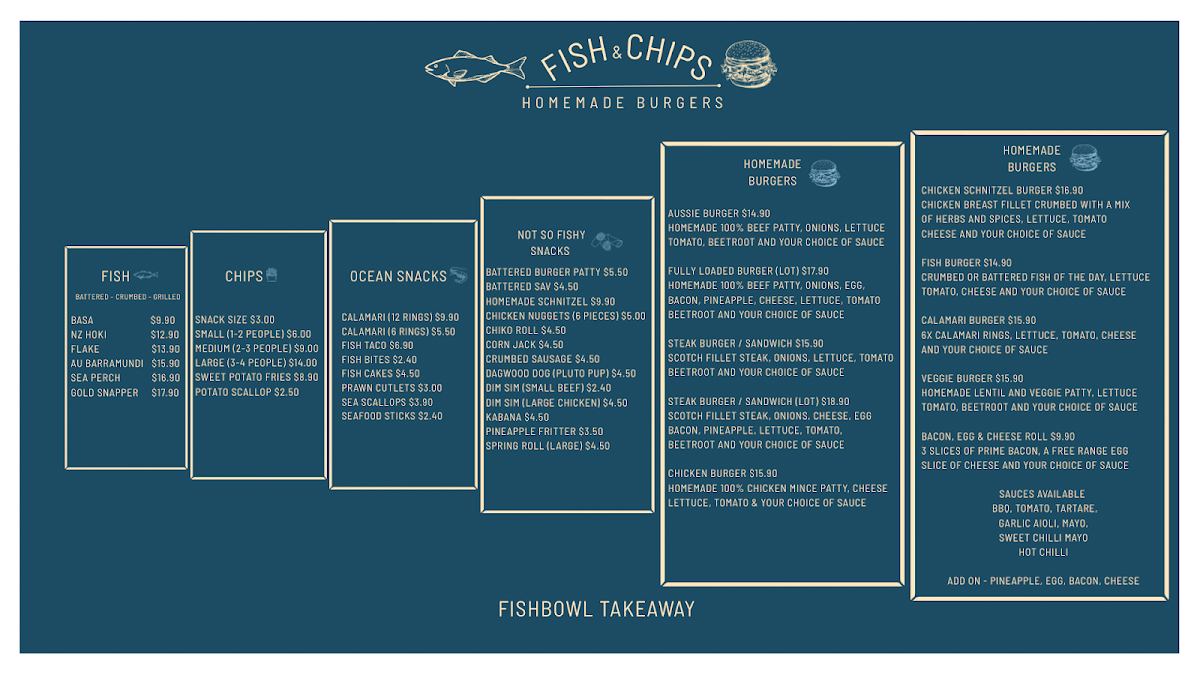 Menu, Fishbowl Takeaway