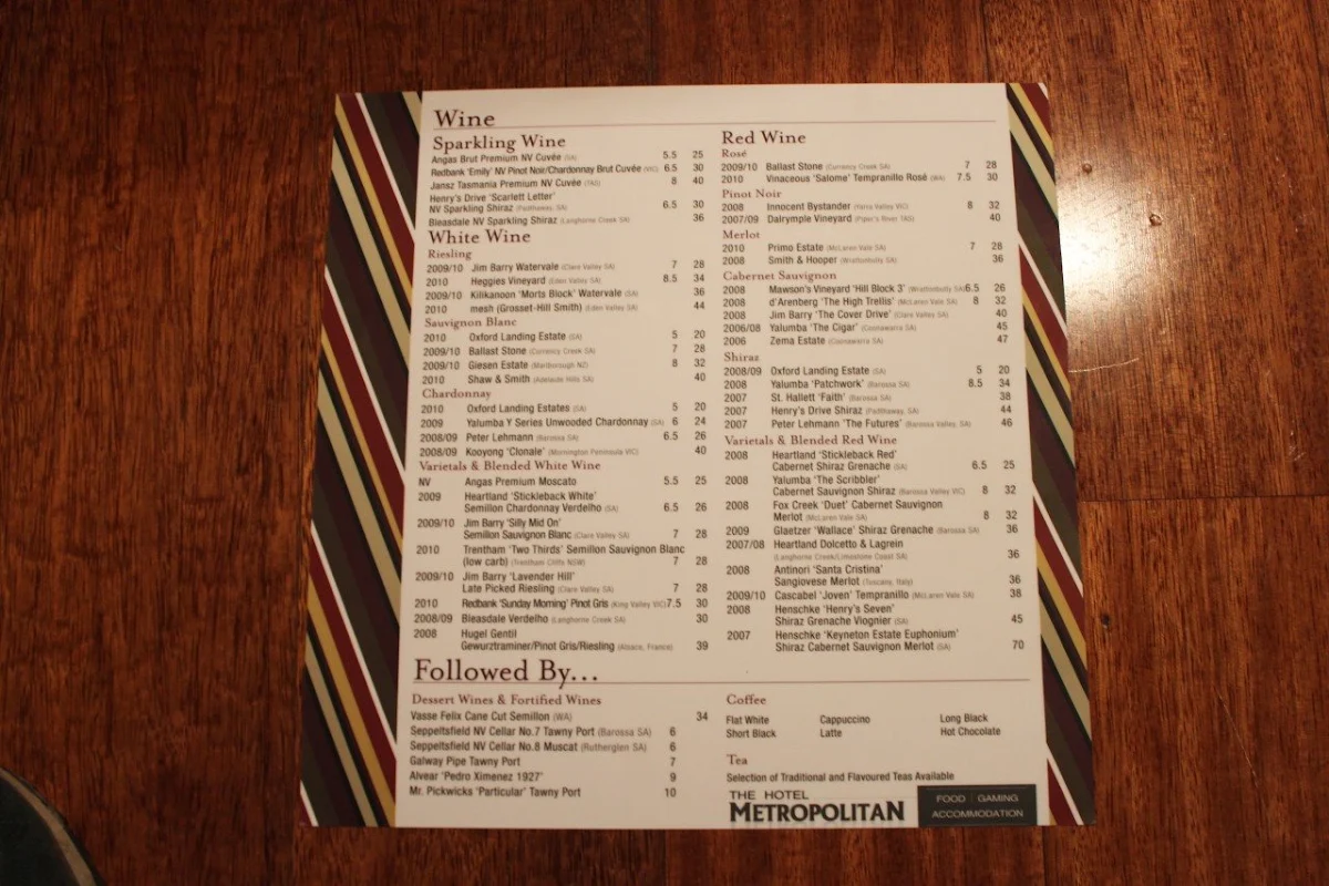 Menu, The Hotel Metropolitan