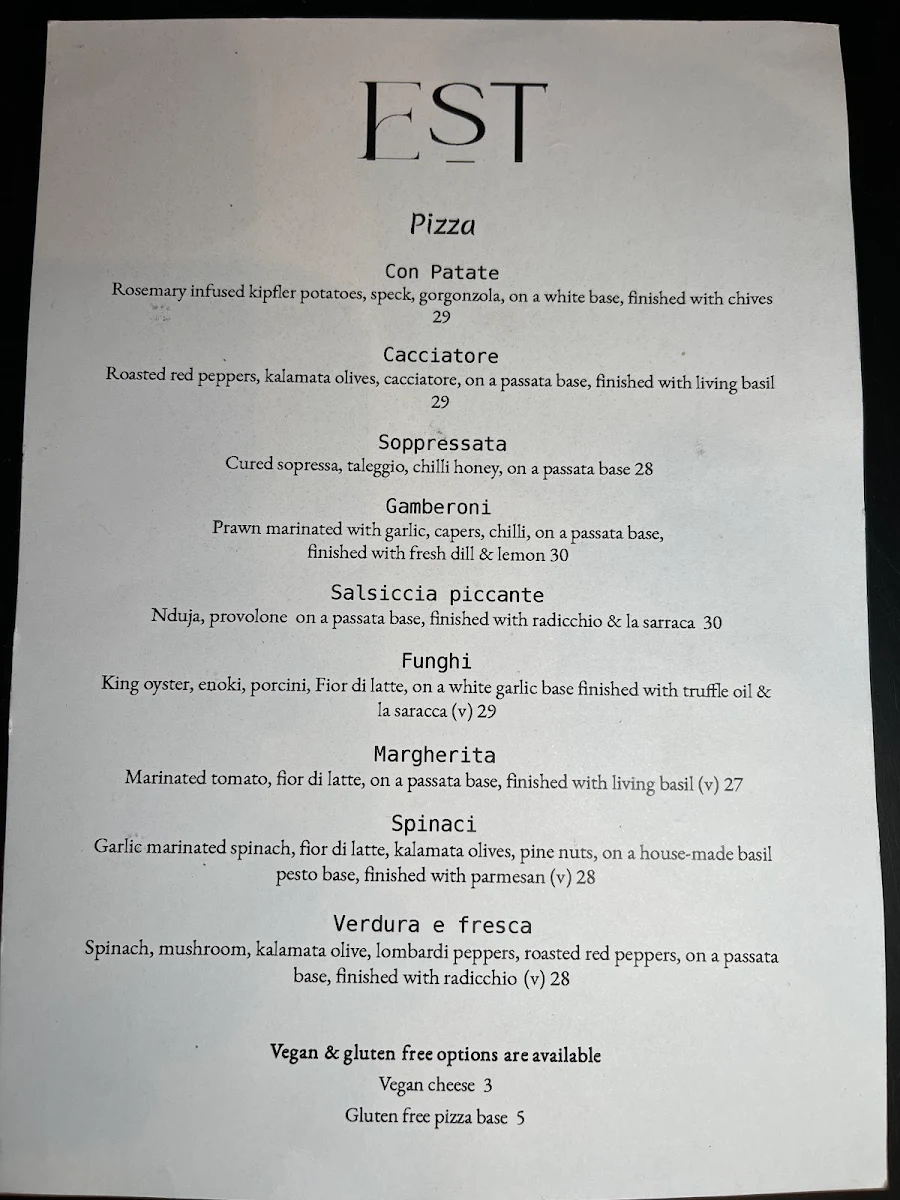 Menu, EST Pizzeria