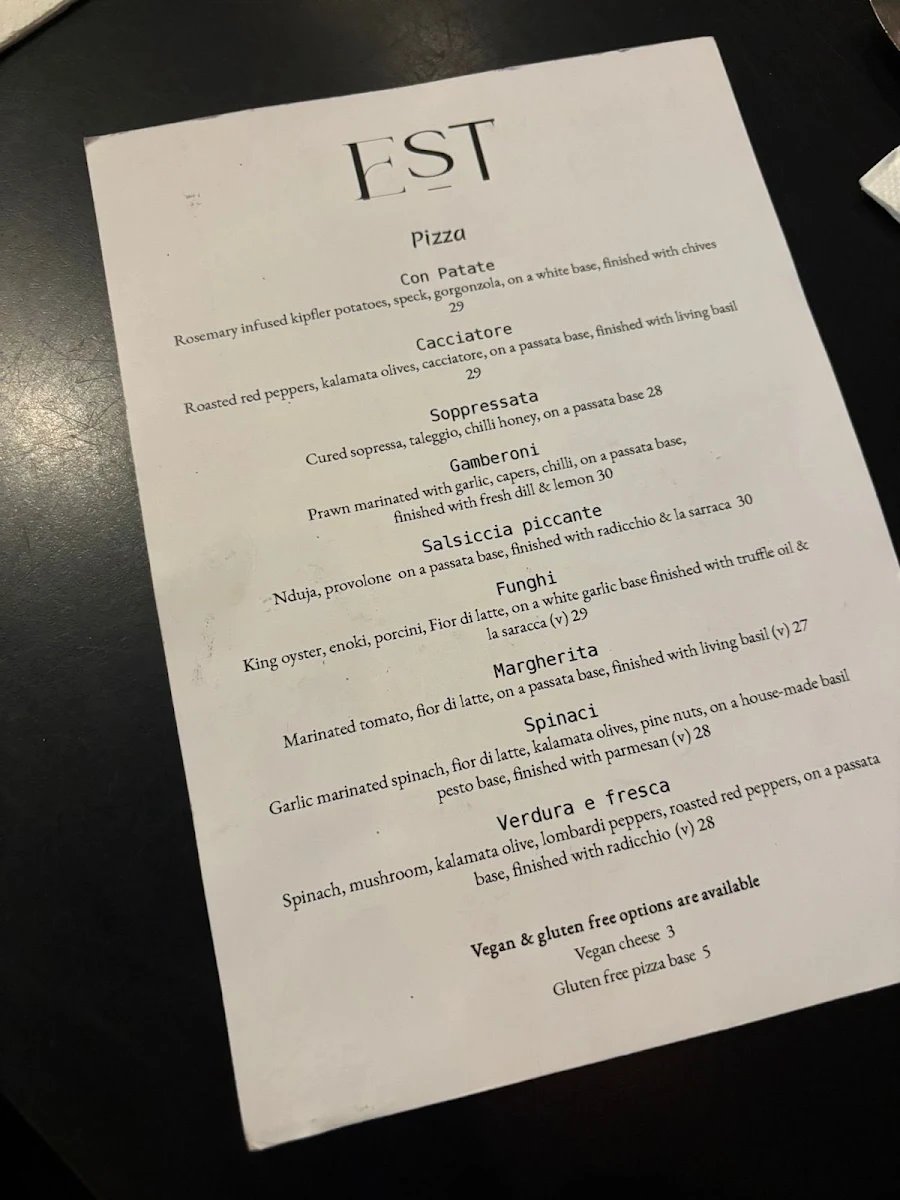 Menu, EST Pizzeria