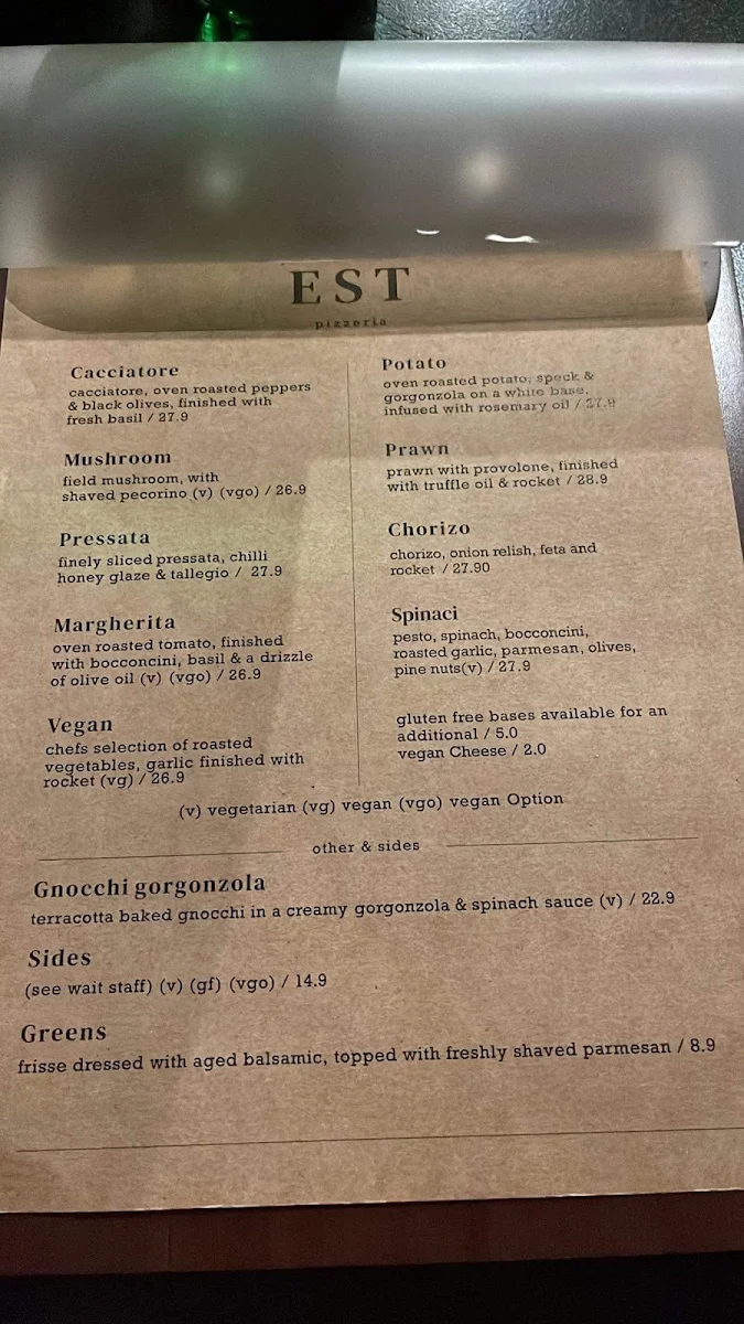 Menu, EST Pizzeria
