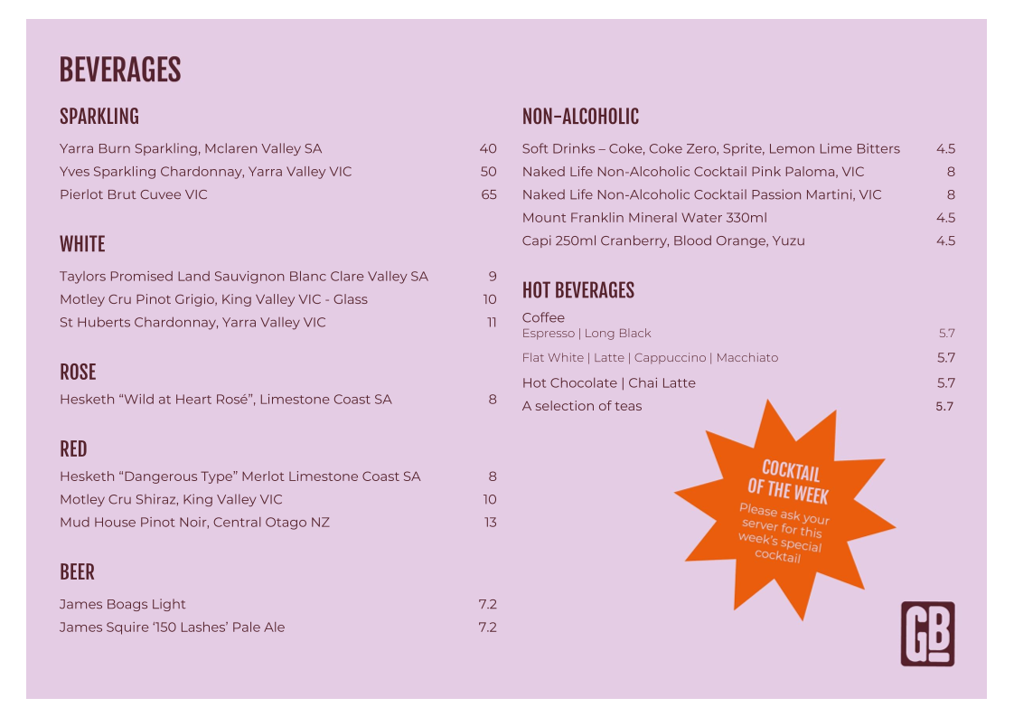 Menu, Glenn Bistro