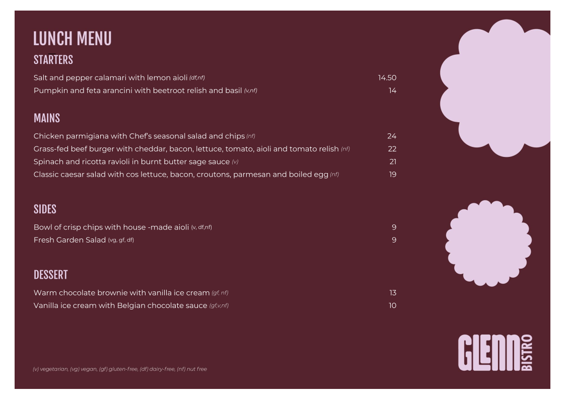 Menu, Glenn Bistro