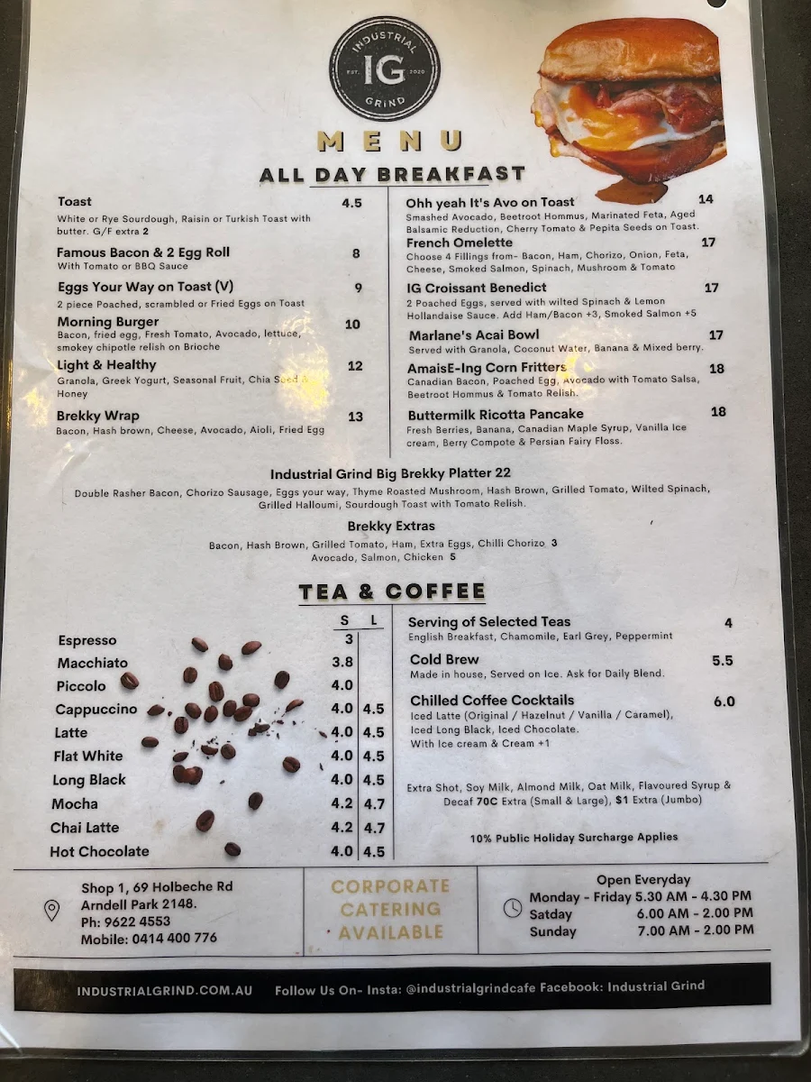 Menu, Industrial Grind Cafe
