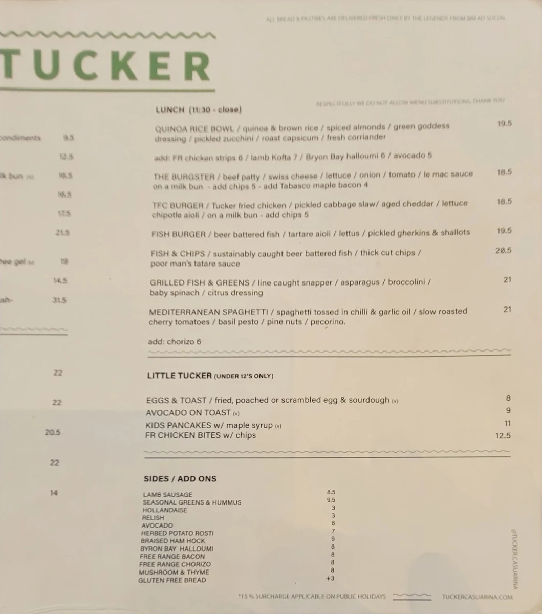 Menu, Tucker