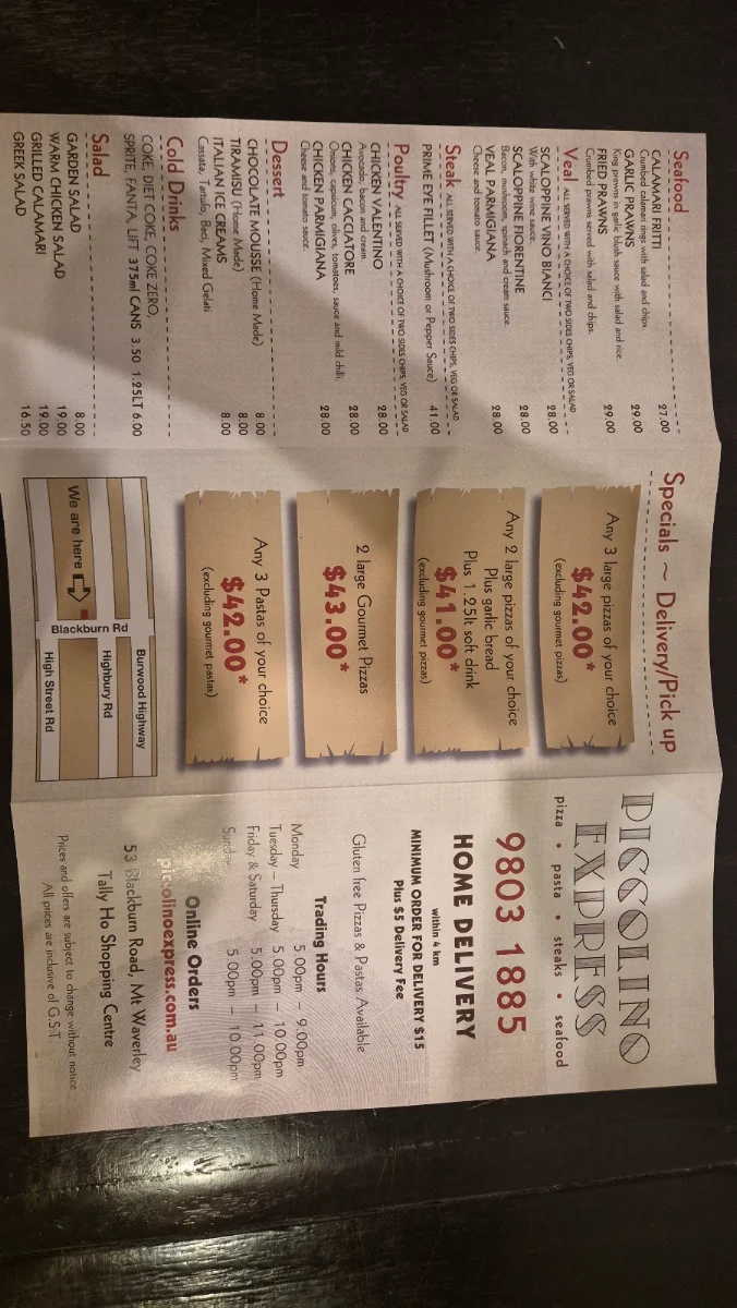 Menu, Piccolino Restaurant