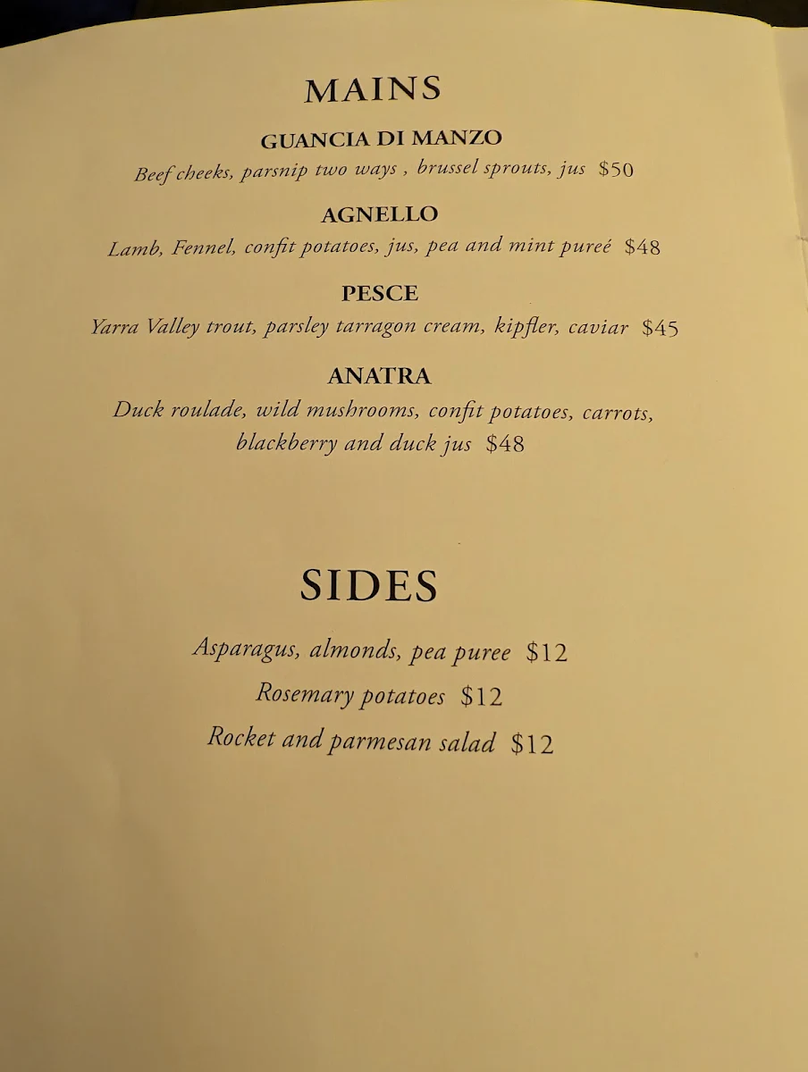 Menu, Piccolino Restaurant