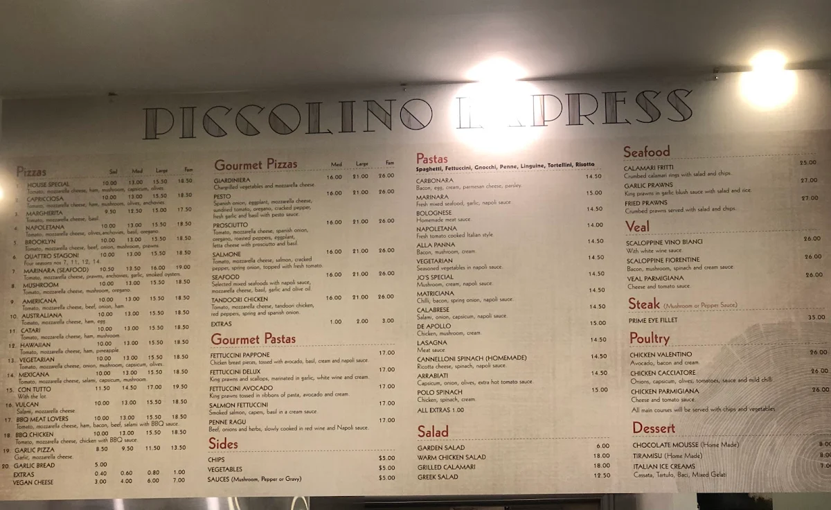 Menu, Piccolino Restaurant