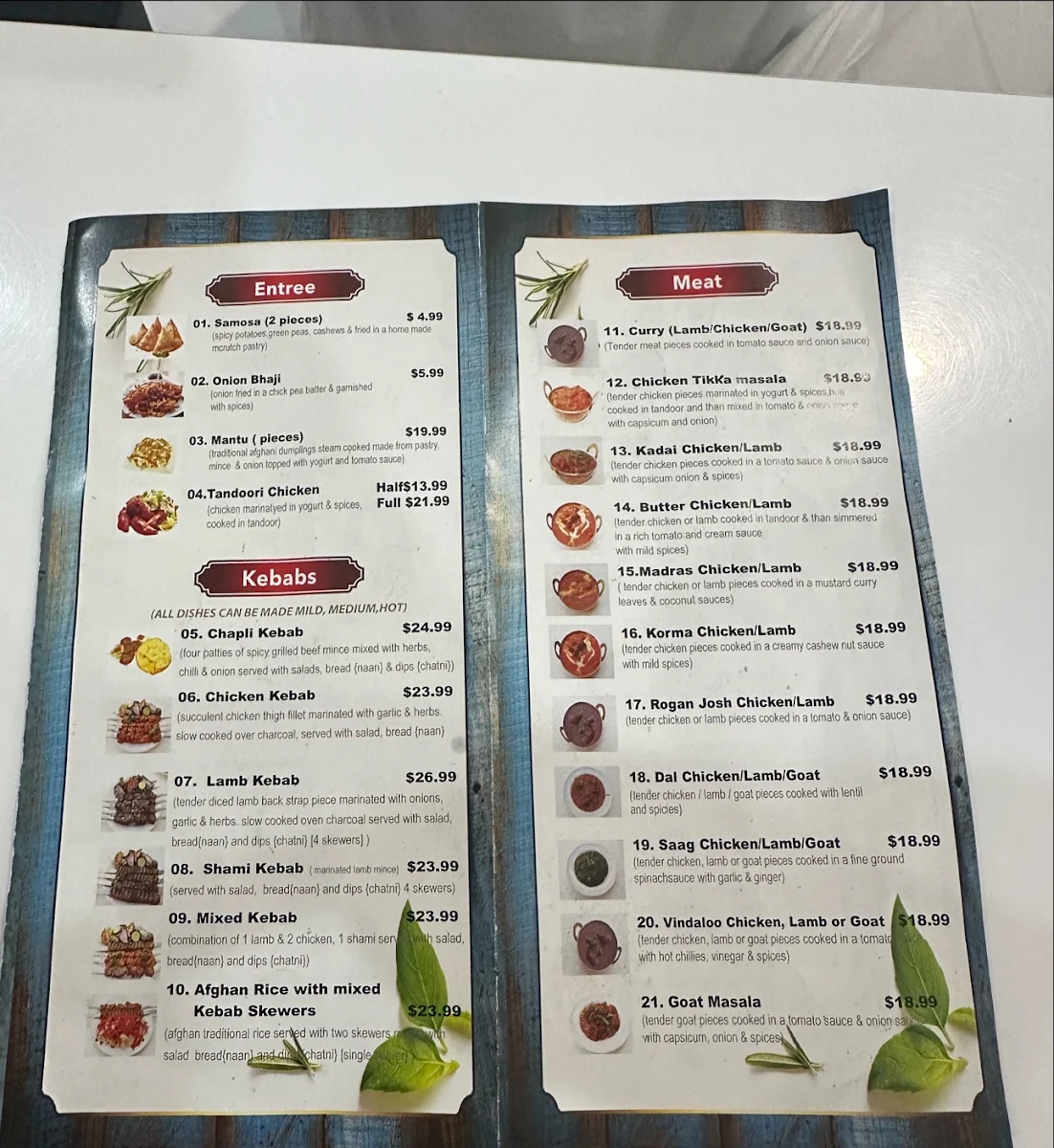 Menu, Afghan Shaheen
