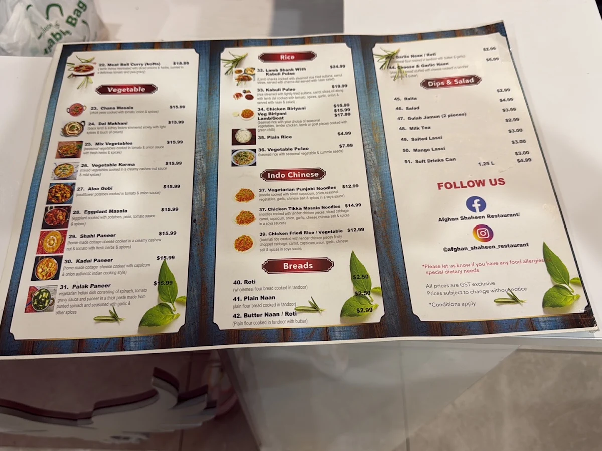 Menu, Afghan Shaheen