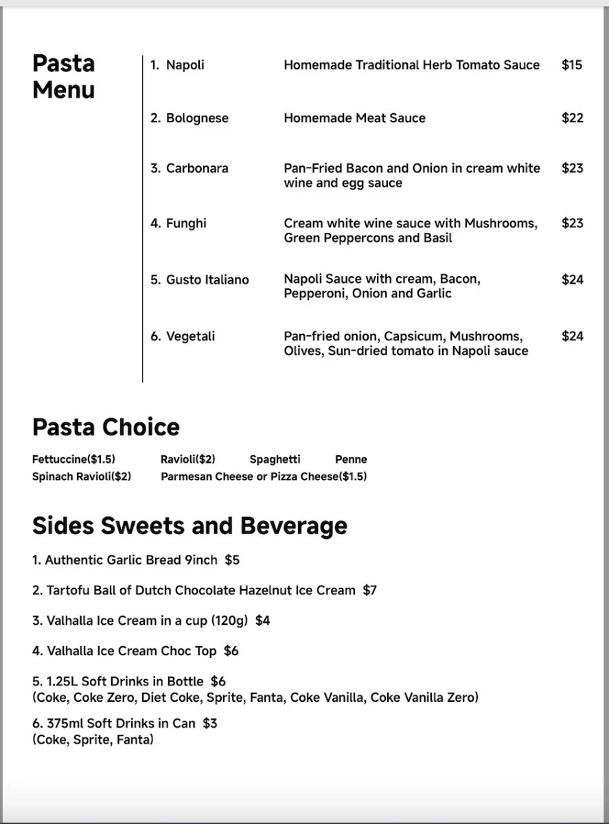 Menu, Napoletana Pizza & Pasta House