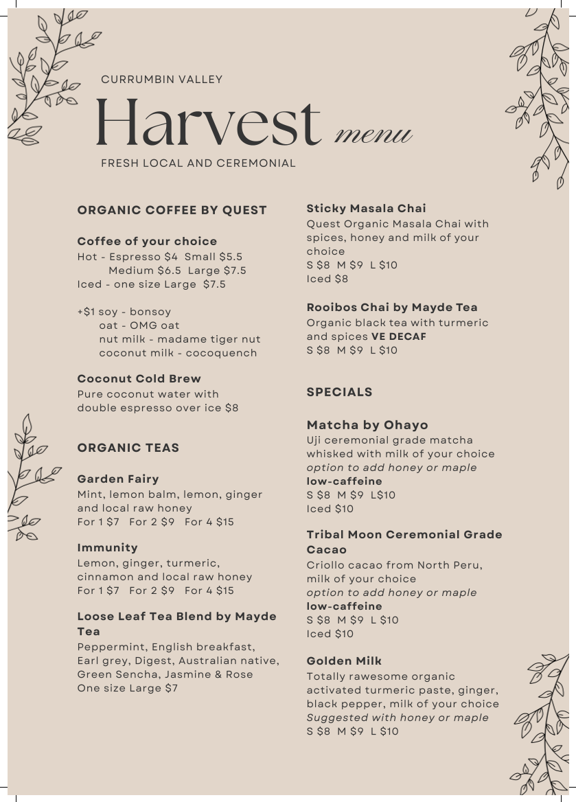 Menu, Currumbin Valley Harvest