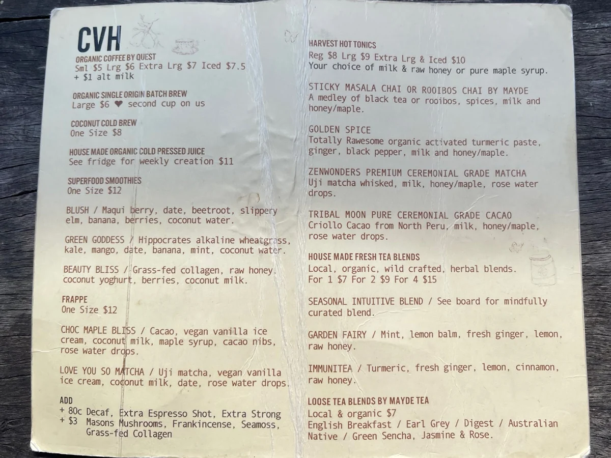 Menu, Currumbin Valley Harvest